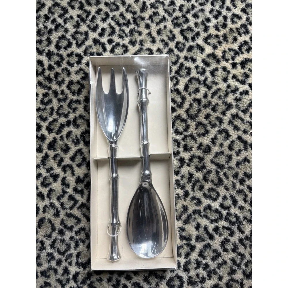 Silver Tone Bamboo Handle Salad Serving Set Fork Spoon Unmarked VTG In Box Heavy